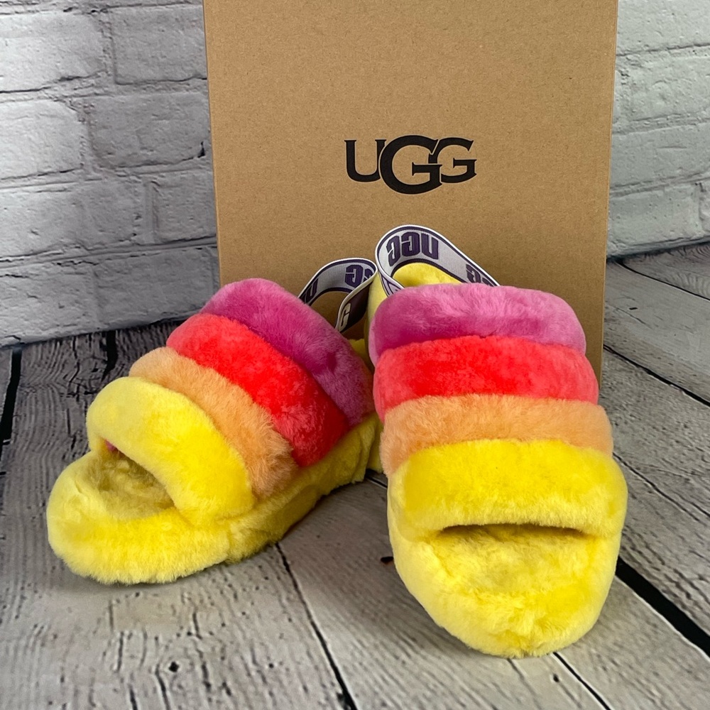 “NEW” UGG Fluff Yeah Pride Rainbow Yellow Slides!
